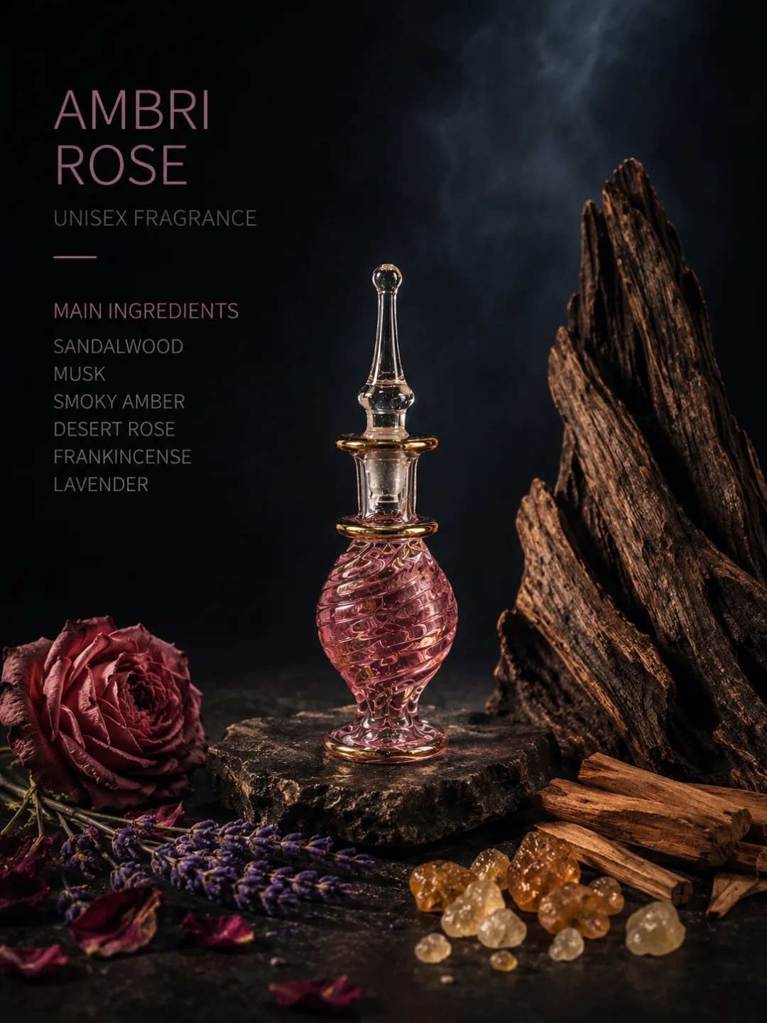 Amber Rose blend shown with its raw ingredients