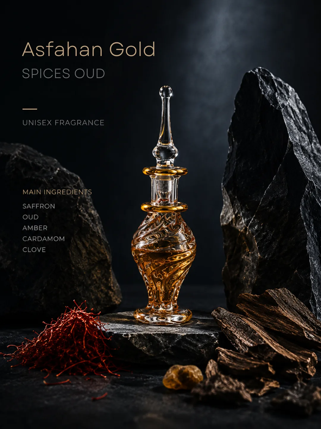 Asfahan Gold blend shown with its raw ingredients