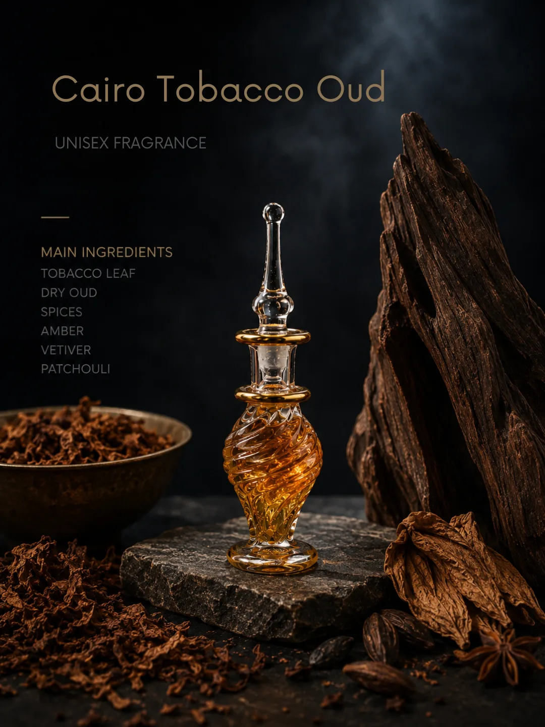 Cairo Tobacco Oud blend shown with its raw ingredients