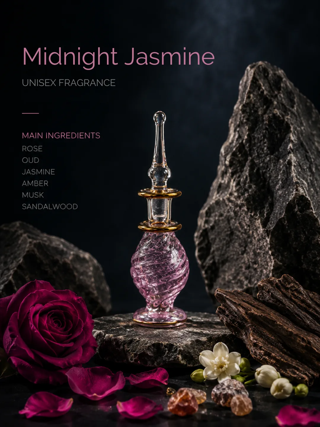 Midnight Jasmine blend shown with its raw ingredients