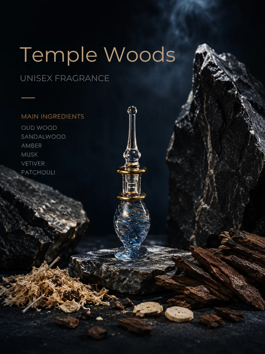 Temple Woods blend shown with its raw ingredients