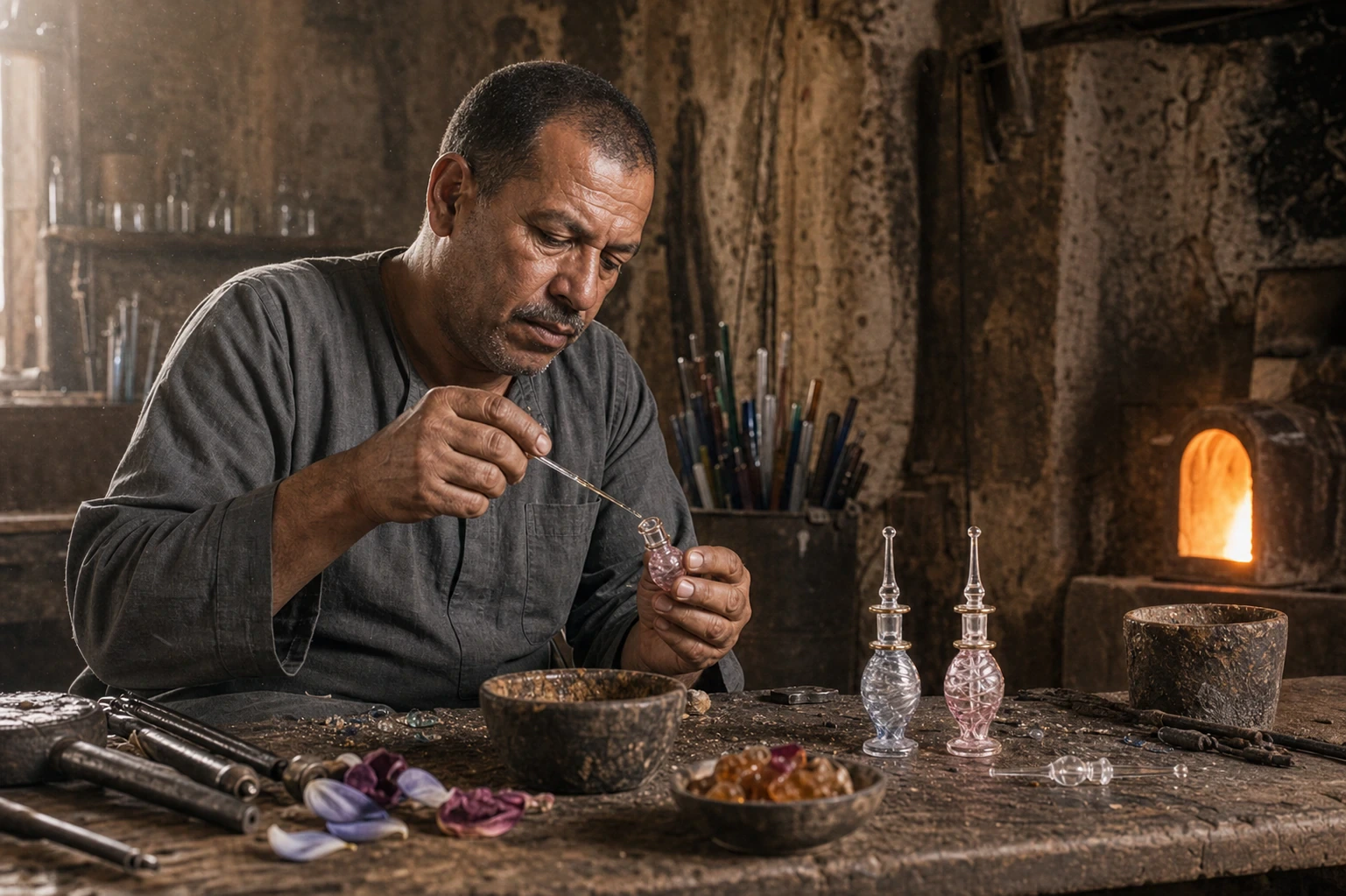 Youssef filling a tiny hand-blown perfume bottle in his workshop