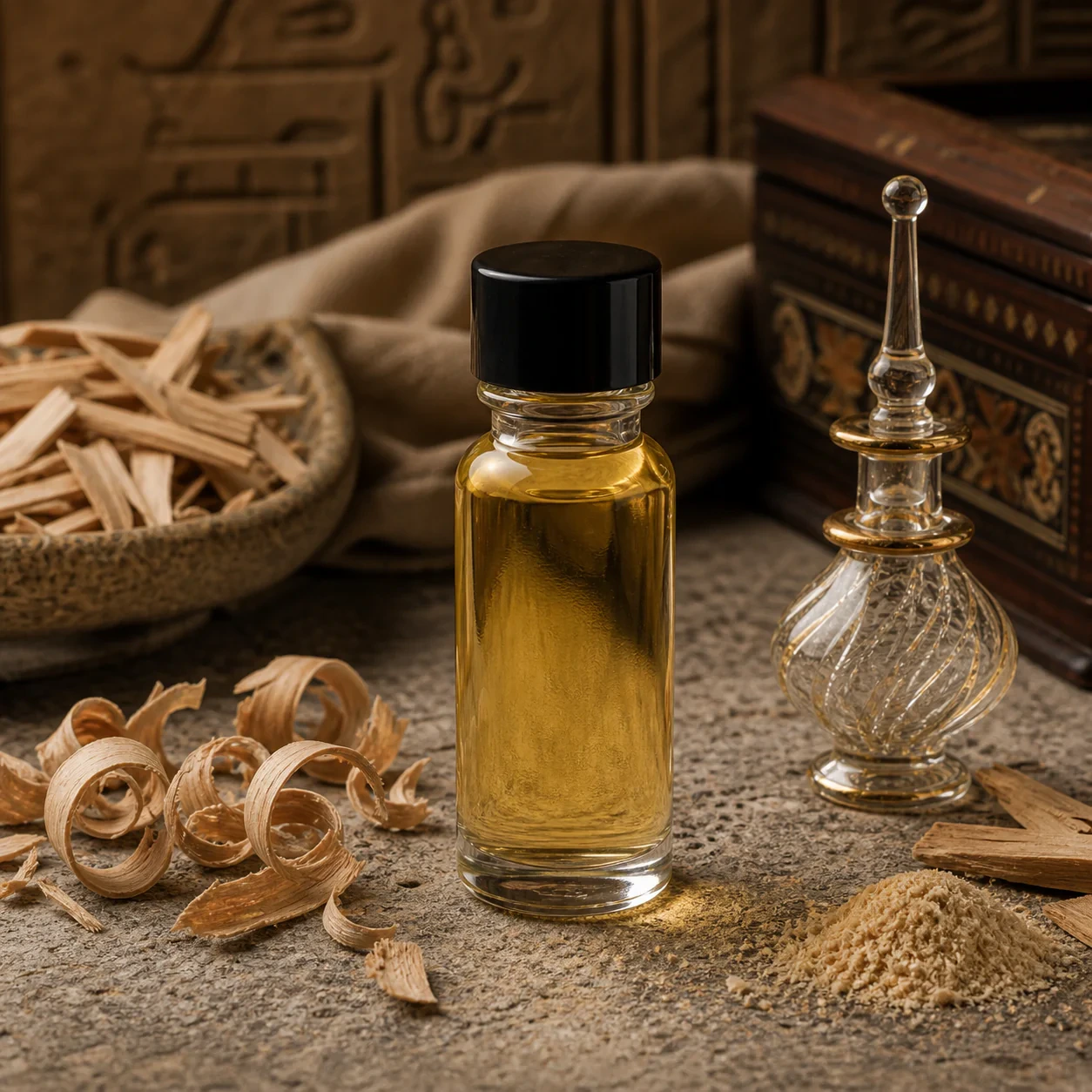 Sandalwood pure oil in apothecary glass